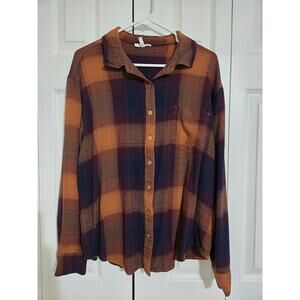 Maurices medium women's golden brown navy blue and orange button up flannel top